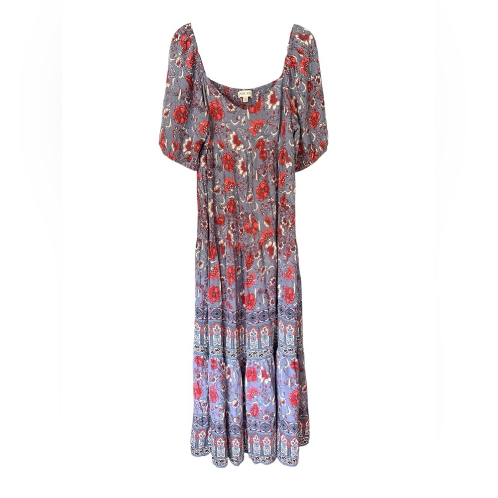 Knox Rose Grey with Red Floral Puff-Sleeve Maxi Dress XL